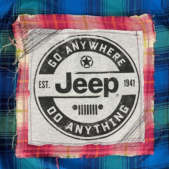 Upcycled Flannel Shirt Womens Medium Shacket Jeep Green Plaid Mechanic Off Road - Picture 2 of 16